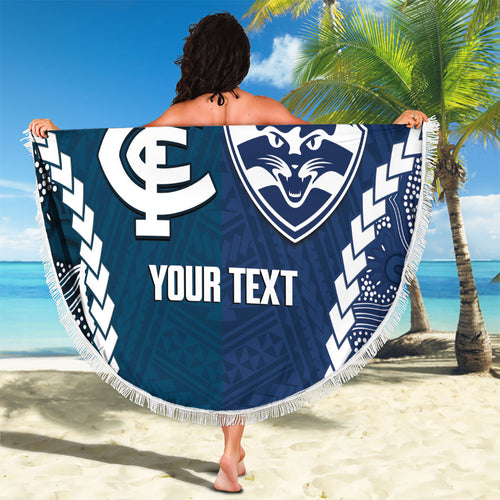 Custom Football Cats and Blues Beach Blanket 2026 Together Aboriginal Polynesian Pattern