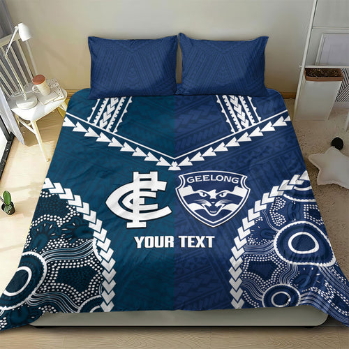 Custom Football Cats and Blues Bedding Set 2026 Together Aboriginal Polynesian Pattern