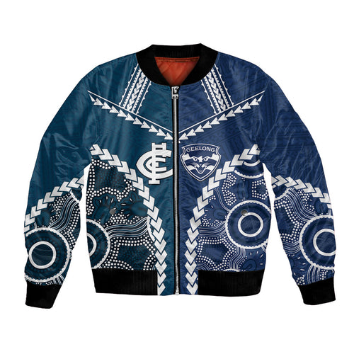 Custom Football Cats and Blues Bomber Jacket 2026 Together Aboriginal Polynesian Pattern