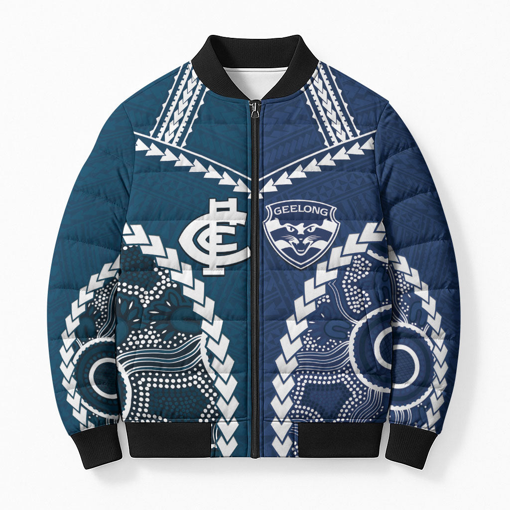 Custom Football Cats and Blues Bomber Puffer Jacket 2026 Together Aboriginal Polynesian Pattern