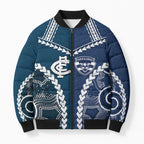 Custom Football Cats and Blues Bomber Puffer Jacket 2026 Together Aboriginal Polynesian Pattern