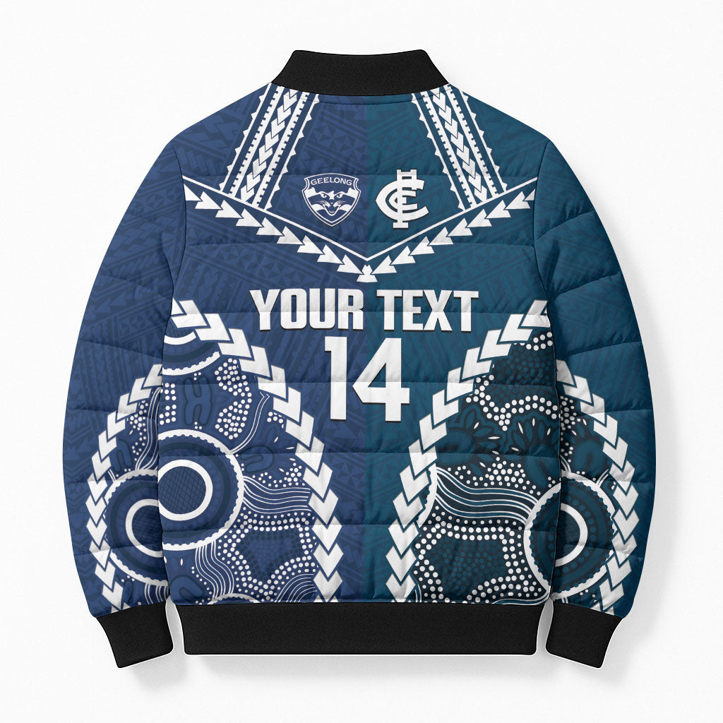 Custom Football Cats and Blues Bomber Puffer Jacket 2026 Together Aboriginal Polynesian Pattern