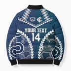 Custom Football Cats and Blues Bomber Puffer Jacket 2026 Together Aboriginal Polynesian Pattern