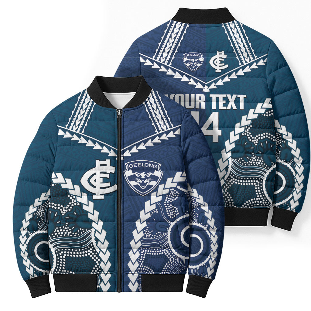 Custom Football Cats and Blues Bomber Puffer Jacket 2026 Together Aboriginal Polynesian Pattern