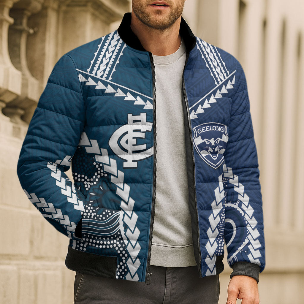 Custom Football Cats and Blues Bomber Puffer Jacket 2026 Together Aboriginal Polynesian Pattern