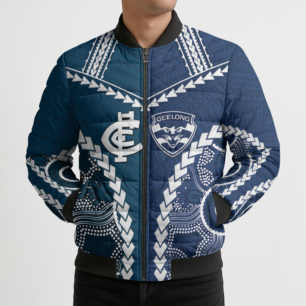 Custom Football Cats and Blues Bomber Puffer Jacket 2026 Together Aboriginal Polynesian Pattern