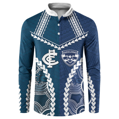 Custom Football Cats and Blues Button Sweatshirt 2026 Together Aboriginal Polynesian Pattern