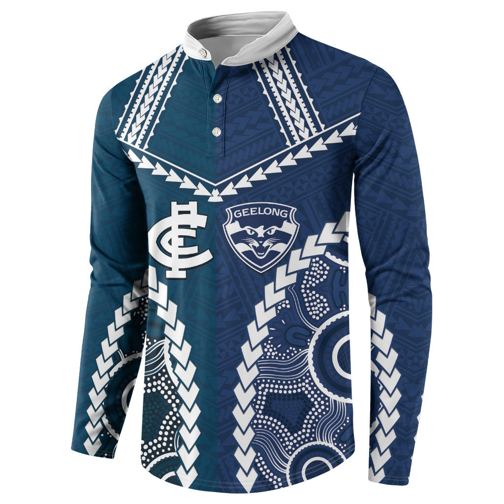 Custom Football Cats and Blues Button Sweatshirt 2026 Together Aboriginal Polynesian Pattern