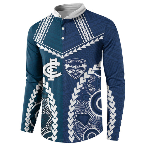 Custom Football Cats and Blues Button Sweatshirt 2026 Together Aboriginal Polynesian Pattern