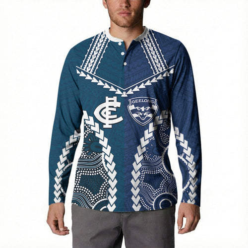 Custom Football Cats and Blues Button Sweatshirt 2026 Together Aboriginal Polynesian Pattern