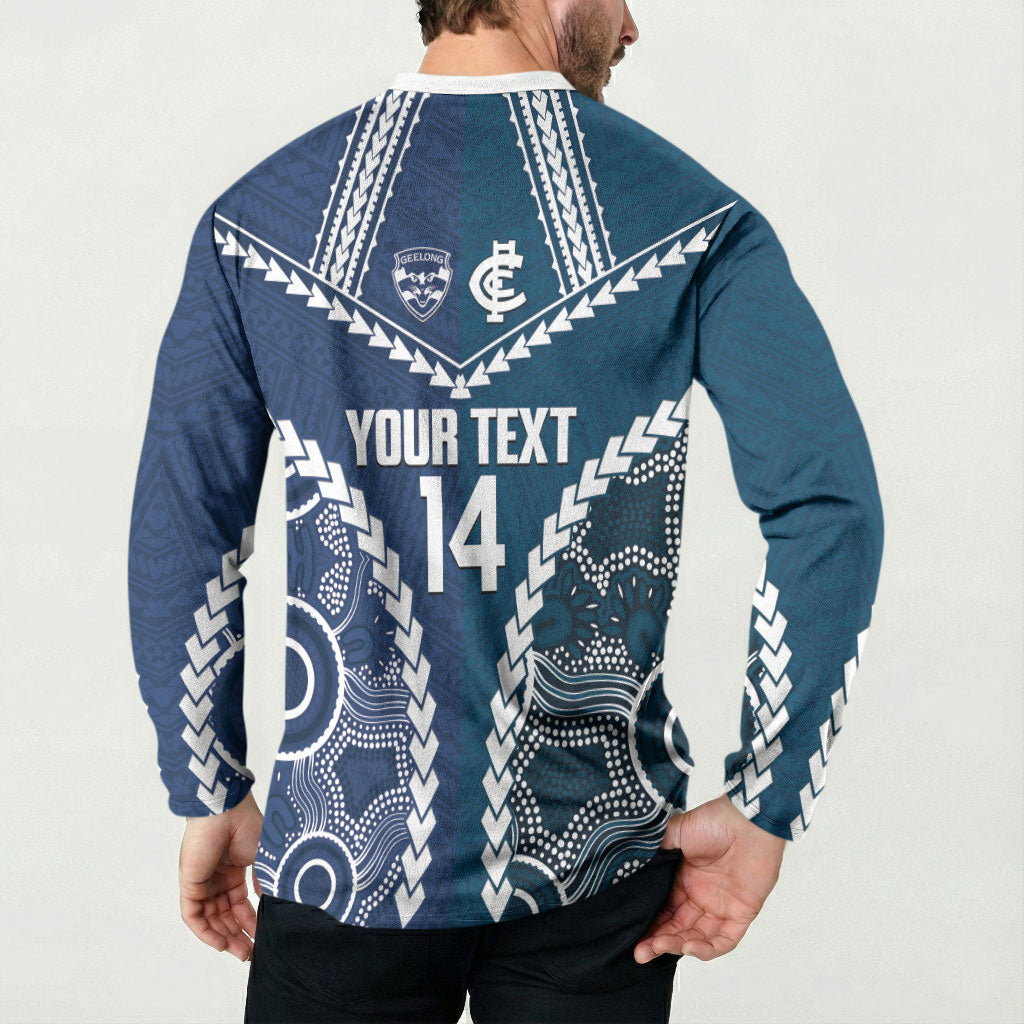Custom Football Cats and Blues Button Sweatshirt 2026 Together Aboriginal Polynesian Pattern