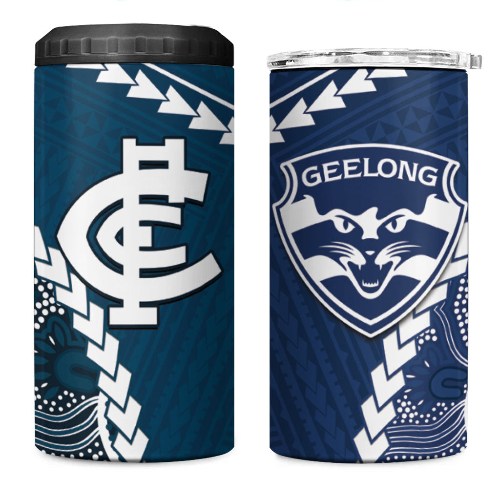 Custom Football Cats and Blues 4 in 1 Can Cooler Tumbler 2026 Together Aboriginal Polynesian Pattern