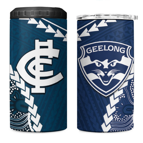 Custom Football Cats and Blues 4 in 1 Can Cooler Tumbler 2026 Together Aboriginal Polynesian Pattern