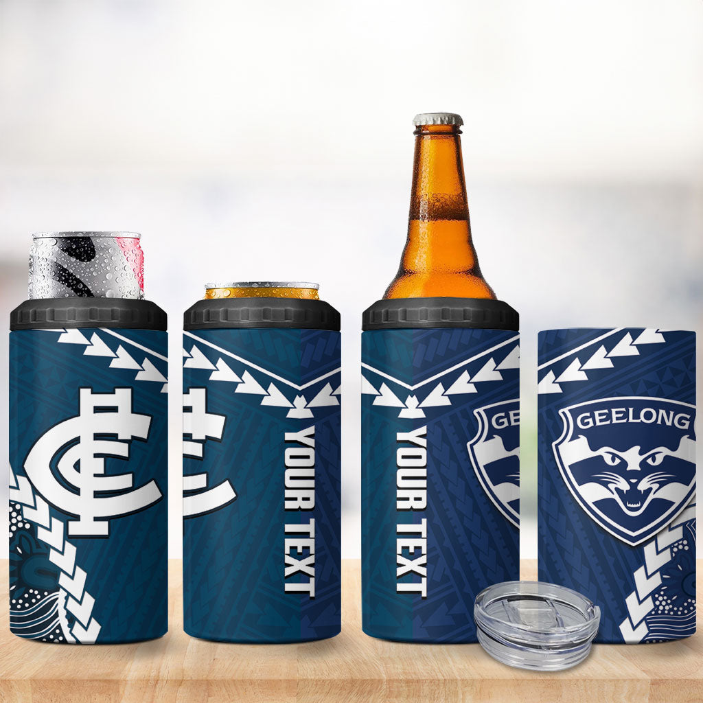 Custom Football Cats and Blues 4 in 1 Can Cooler Tumbler 2026 Together Aboriginal Polynesian Pattern
