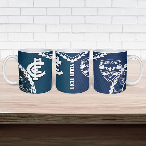 Custom Football Cats and Blues Ceramic Mug 2026 Together Aboriginal Polynesian Pattern