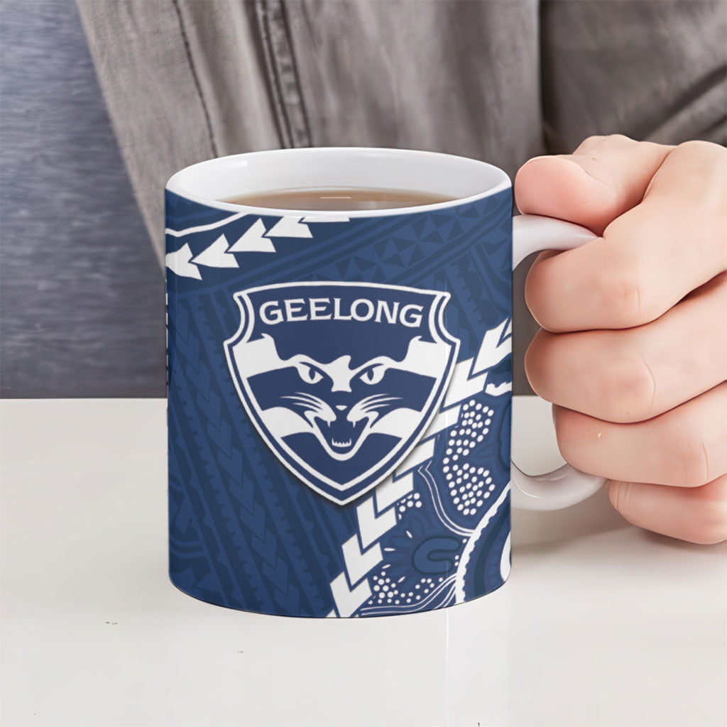 Custom Football Cats and Blues Ceramic Mug 2026 Together Aboriginal Polynesian Pattern