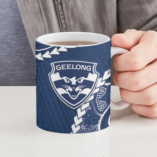 Custom Football Cats and Blues Ceramic Mug 2026 Together Aboriginal Polynesian Pattern