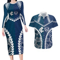 Custom Football Cats and Blues Couples Matching Long Sleeve Bodycon Dress and Hawaiian Shirt 2026 Together Aboriginal Polynesian Pattern