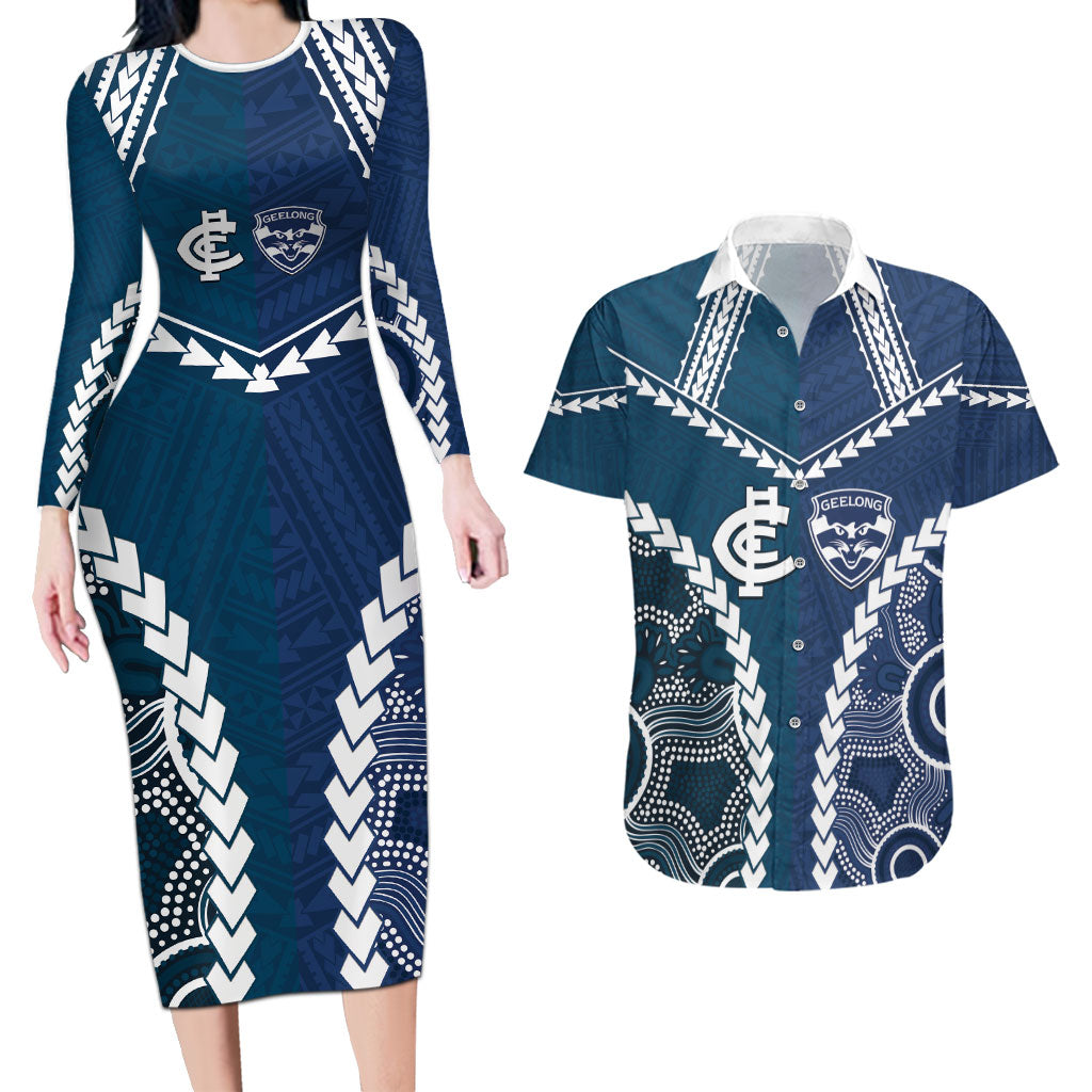 Custom Football Cats and Blues Couples Matching Long Sleeve Bodycon Dress and Hawaiian Shirt 2026 Together Aboriginal Polynesian Pattern
