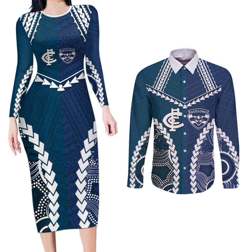 Custom Football Cats and Blues Couples Matching Long Sleeve Bodycon Dress and Long Sleeve Button Shirt 2026 Together Aboriginal Polynesian Pattern