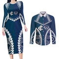 Custom Football Cats and Blues Couples Matching Long Sleeve Bodycon Dress and Long Sleeve Button Shirt 2026 Together Aboriginal Polynesian Pattern