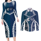 Custom Football Cats and Blues Couples Matching Long Sleeve Bodycon Dress and Long Sleeve Button Shirt 2026 Together Aboriginal Polynesian Pattern
