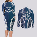 Custom Football Cats and Blues Couples Matching Long Sleeve Bodycon Dress and Long Sleeve Button Shirt 2026 Together Aboriginal Polynesian Pattern