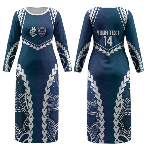 Custom Football Cats and Blues Couples Matching Long Sleeve Bodycon Dress and Long Sleeve Button Shirt 2026 Together Aboriginal Polynesian Pattern LT14