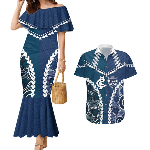 Custom Football Cats and Blues Couples Matching Mermaid Dress and Hawaiian Shirt 2026 Together Aboriginal Polynesian Pattern