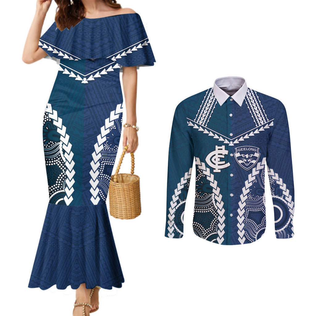 Custom Football Cats and Blues Couples Matching Mermaid Dress and Long Sleeve Button Shirt 2026 Together Aboriginal Polynesian Pattern
