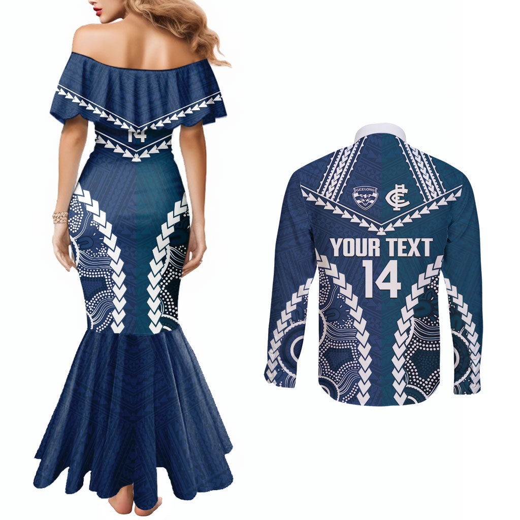 Custom Football Cats and Blues Couples Matching Mermaid Dress and Long Sleeve Button Shirt 2026 Together Aboriginal Polynesian Pattern