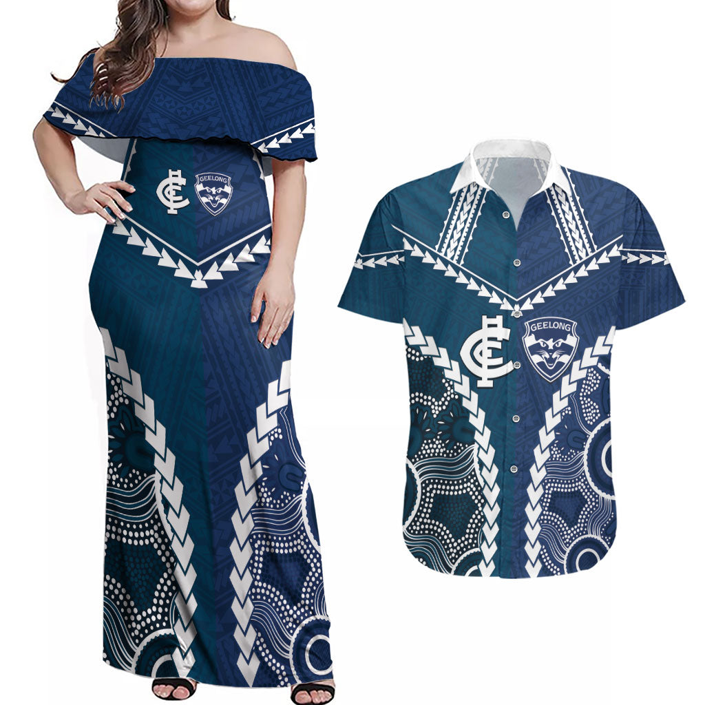Custom Football Cats and Blues Couples Matching Off Shoulder Maxi Dress and Hawaiian Shirt 2026 Together Aboriginal Polynesian Pattern
