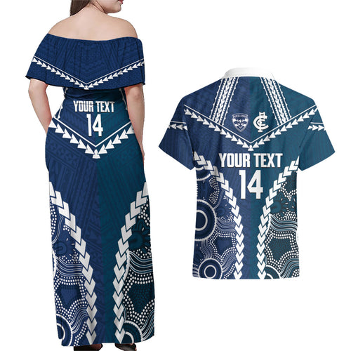 Custom Football Cats and Blues Couples Matching Off Shoulder Maxi Dress and Hawaiian Shirt 2026 Together Aboriginal Polynesian Pattern