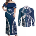 Custom Football Cats and Blues Couples Matching Off Shoulder Maxi Dress and Long Sleeve Button Shirt 2026 Together Aboriginal Polynesian Pattern