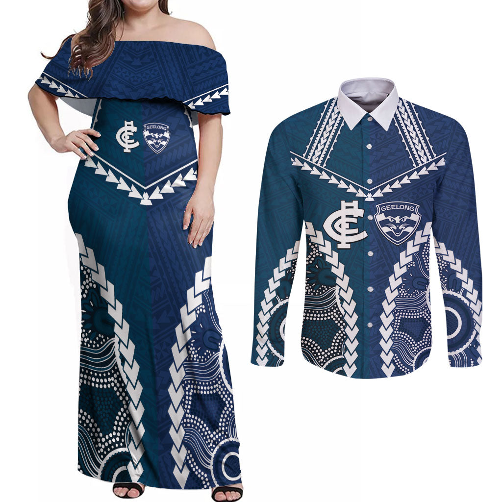 Custom Football Cats and Blues Couples Matching Off Shoulder Maxi Dress and Long Sleeve Button Shirt 2026 Together Aboriginal Polynesian Pattern