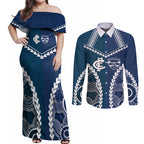 Custom Football Cats and Blues Couples Matching Off Shoulder Maxi Dress and Long Sleeve Button Shirt 2026 Together Aboriginal Polynesian Pattern