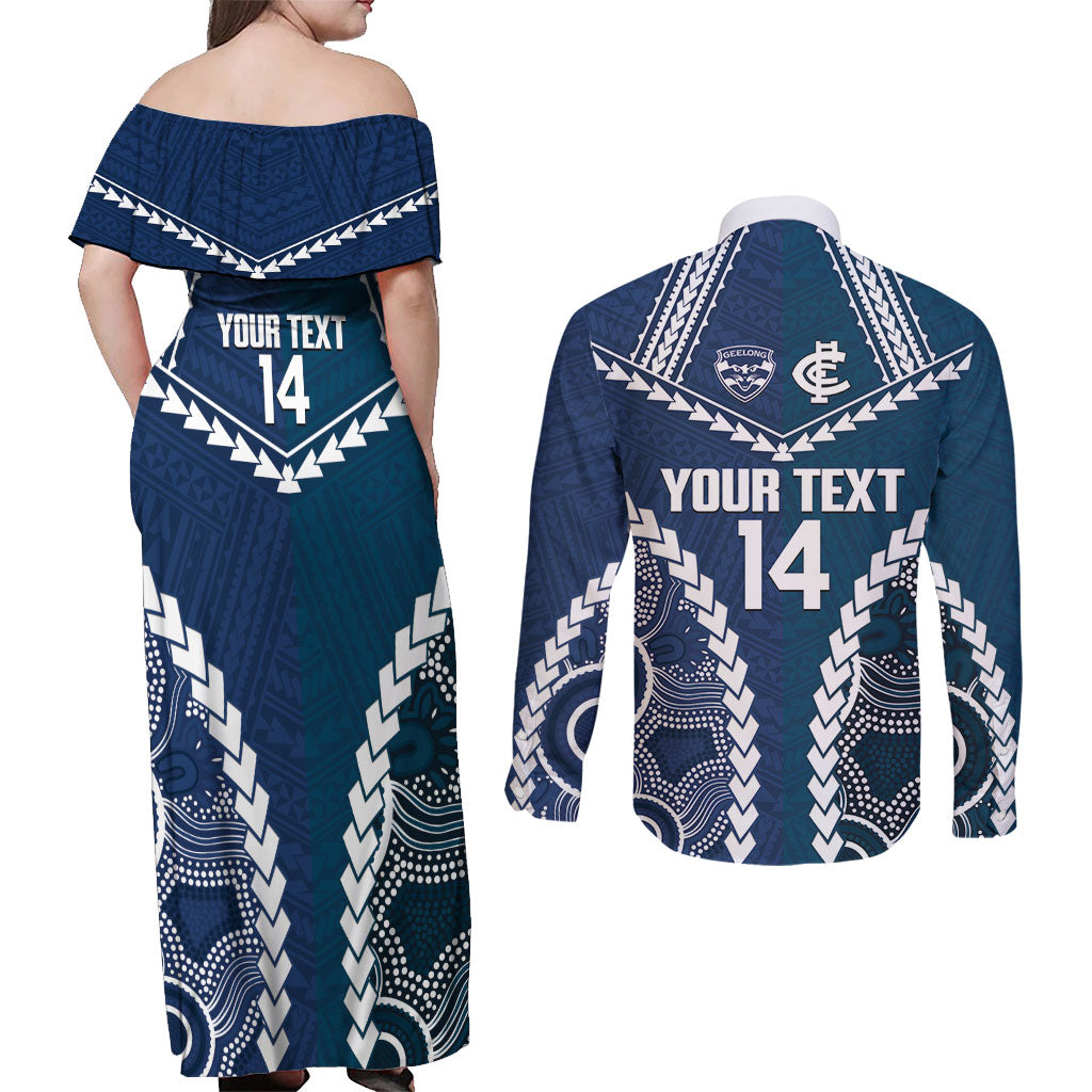 Custom Football Cats and Blues Couples Matching Off Shoulder Maxi Dress and Long Sleeve Button Shirt 2026 Together Aboriginal Polynesian Pattern
