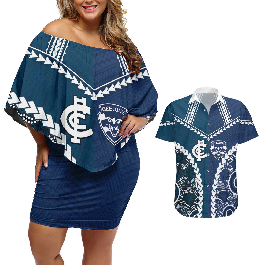 Custom Football Cats and Blues Couples Matching Off Shoulder Short Dress and Hawaiian Shirt 2026 Together Aboriginal Polynesian Pattern