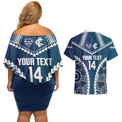 Custom Football Cats and Blues Couples Matching Off Shoulder Short Dress and Hawaiian Shirt 2026 Together Aboriginal Polynesian Pattern