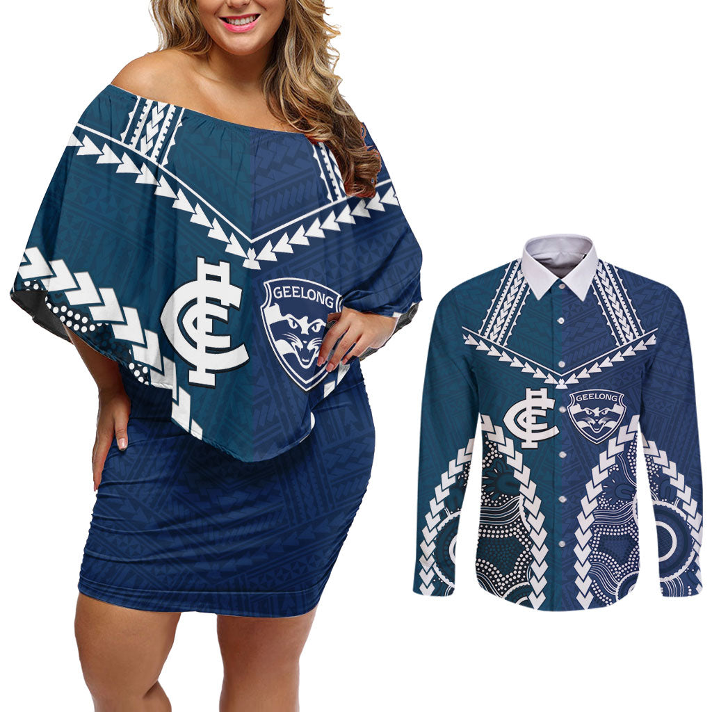 Custom Football Cats and Blues Couples Matching Off Shoulder Short Dress and Long Sleeve Button Shirt 2026 Together Aboriginal Polynesian Pattern
