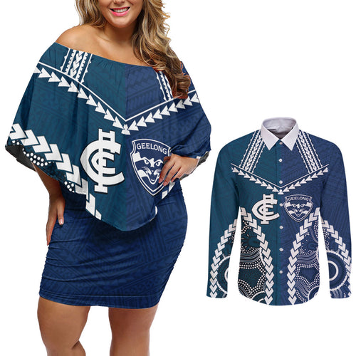 Custom Football Cats and Blues Couples Matching Off Shoulder Short Dress and Long Sleeve Button Shirt 2026 Together Aboriginal Polynesian Pattern