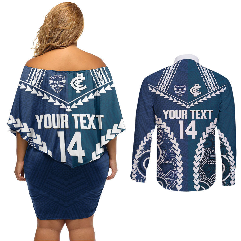 Custom Football Cats and Blues Couples Matching Off Shoulder Short Dress and Long Sleeve Button Shirt 2026 Together Aboriginal Polynesian Pattern