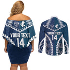 Custom Football Cats and Blues Couples Matching Off Shoulder Short Dress and Long Sleeve Button Shirt 2026 Together Aboriginal Polynesian Pattern