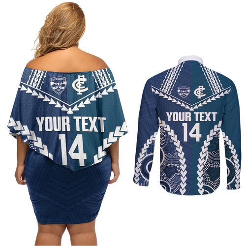 Custom Football Cats and Blues Couples Matching Off Shoulder Short Dress and Long Sleeve Button Shirt 2026 Together Aboriginal Polynesian Pattern