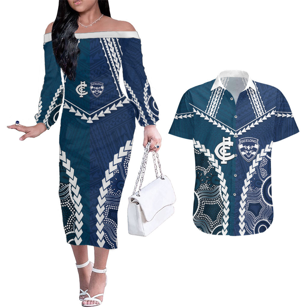Custom Football Cats and Blues Couples Matching Off The Shoulder Long Sleeve Dress and Hawaiian Shirt 2026 Together Aboriginal Polynesian Pattern