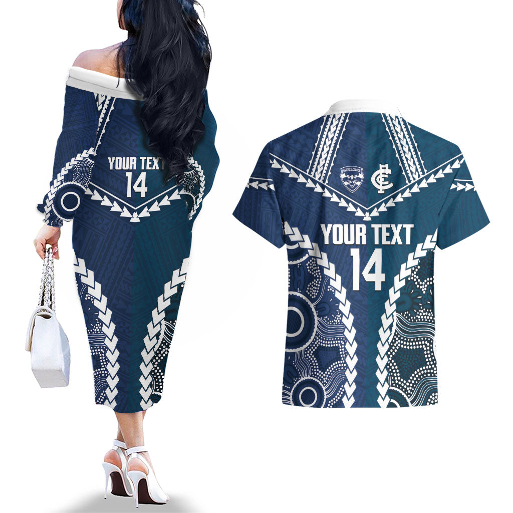 Custom Football Cats and Blues Couples Matching Off The Shoulder Long Sleeve Dress and Hawaiian Shirt 2026 Together Aboriginal Polynesian Pattern