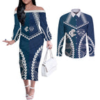 Custom Football Cats and Blues Couples Matching Off The Shoulder Long Sleeve Dress and Long Sleeve Button Shirt 2026 Together Aboriginal Polynesian Pattern
