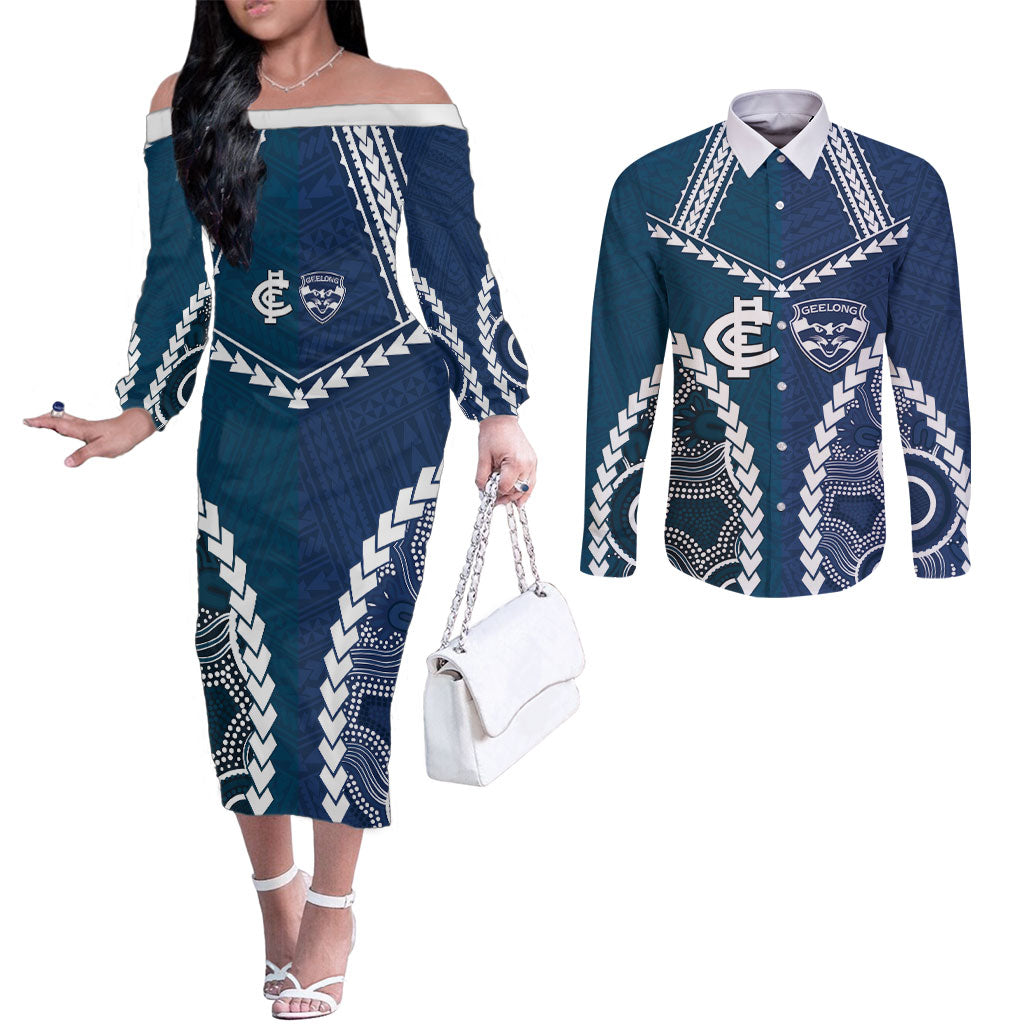 Custom Football Cats and Blues Couples Matching Off The Shoulder Long Sleeve Dress and Long Sleeve Button Shirt 2026 Together Aboriginal Polynesian Pattern