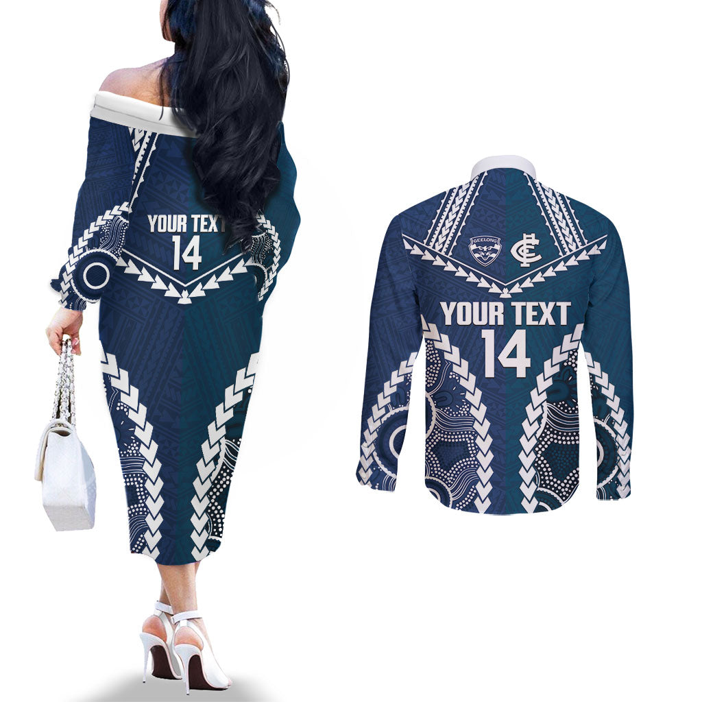 Custom Football Cats and Blues Couples Matching Off The Shoulder Long Sleeve Dress and Long Sleeve Button Shirt 2026 Together Aboriginal Polynesian Pattern