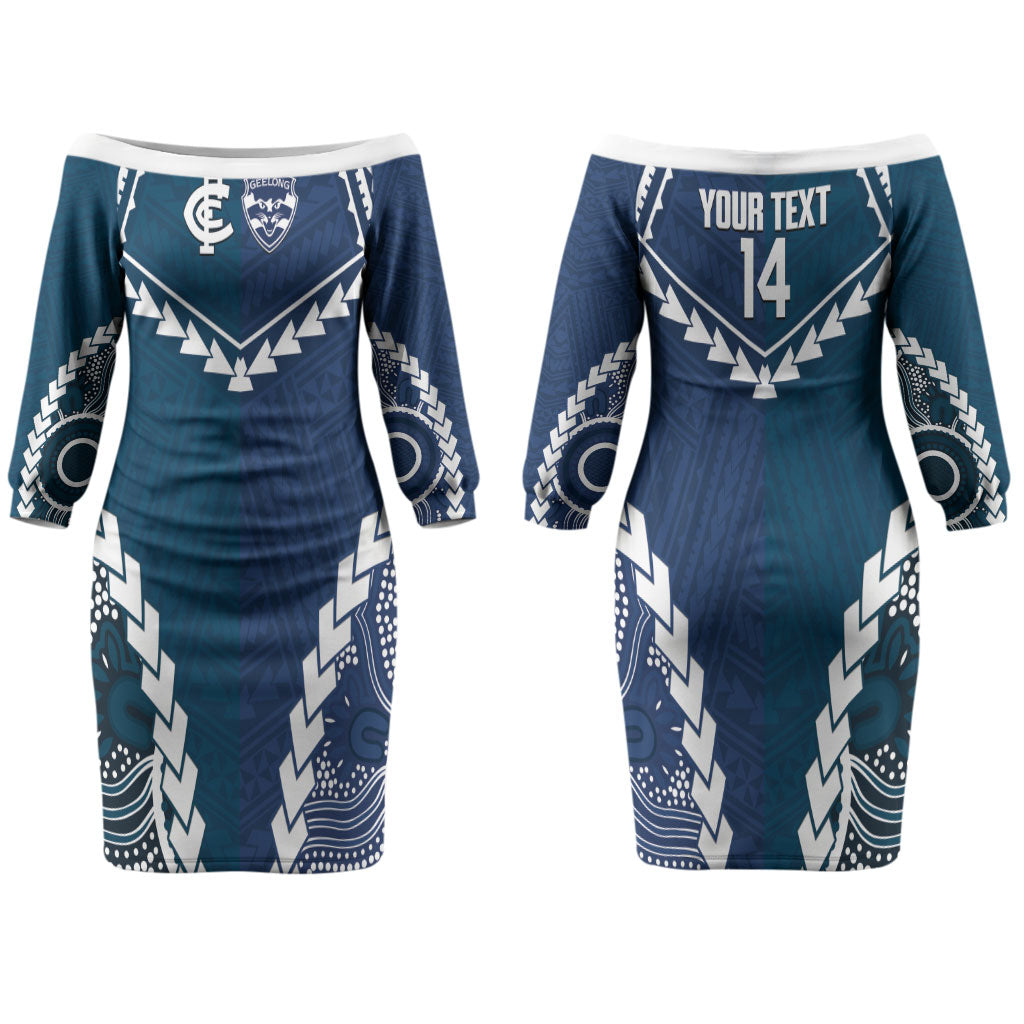 Custom Football Cats and Blues Couples Matching Off The Shoulder Long Sleeve Dress and Long Sleeve Button Shirt 2026 Together Aboriginal Polynesian Pattern LT14